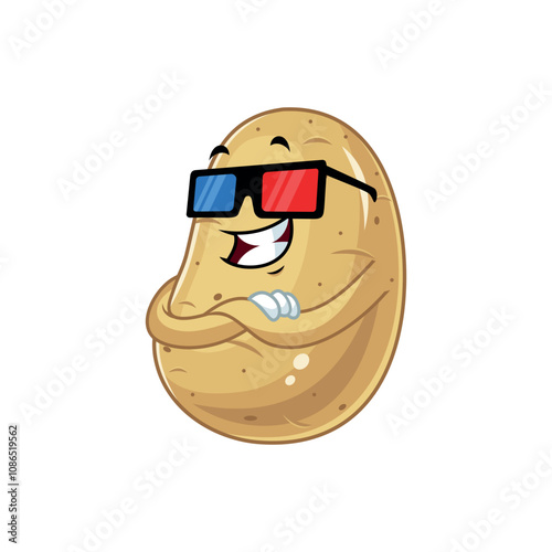 Happy Potato Cartoon Character Wearing 3D Glasses.