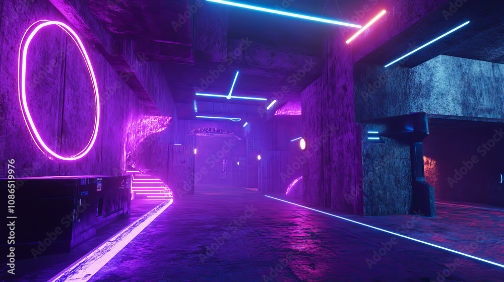 A futuristic nightclub scene: vibrant purple and blue neon lights beam through a concrete tunnel. The 3D rendering shows glowing laser shapes in a retro-modern style. A futuristic nightclub scene: vibrant purple and blue neon lights beam through a concrete tunnel. The 3D rendering shows glowing laser shapes in a retro-modern style.