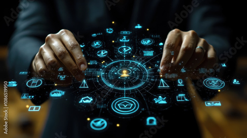Legal Professional with Justice Icons in Suited Law Office Setting