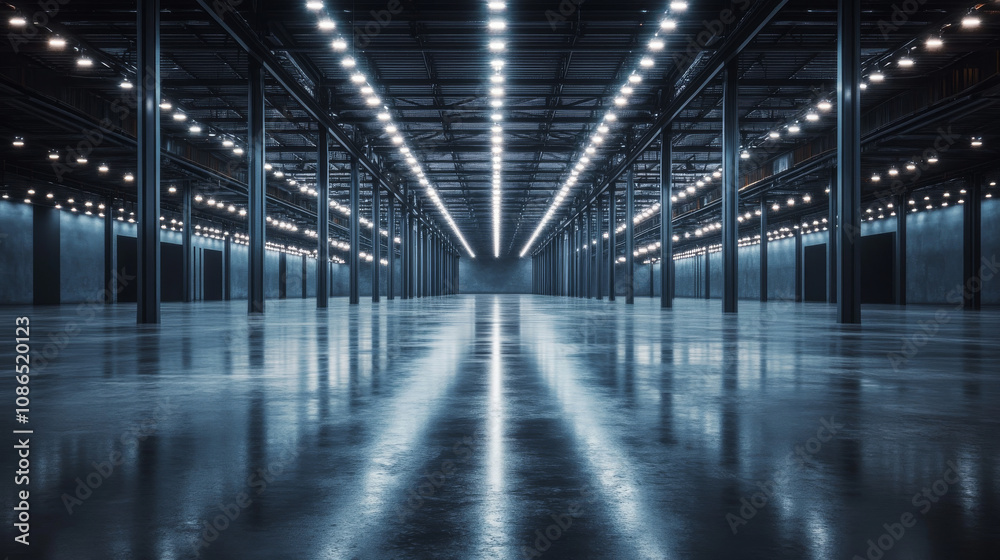 A vast, dark hall with a shiny metal floor and many small, glowing white lights. There's plenty of space for text. A vast, dark hall with a shiny metal floor and many small, glowing white lights. There's plenty of space for text.