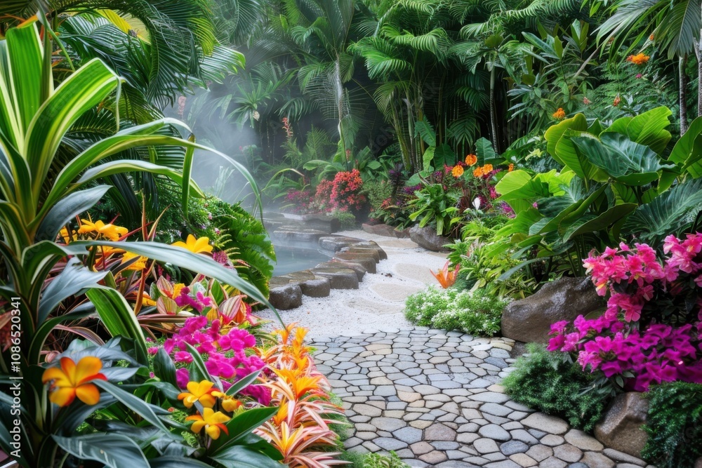 Fototapeta premium A lush tropical garden pathway with vibrant flowers and a serene water feature.