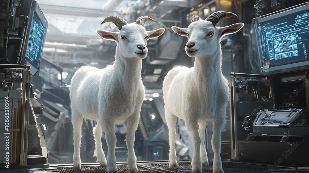 Fototapeta premium Two Goats in a Futuristic Corridor