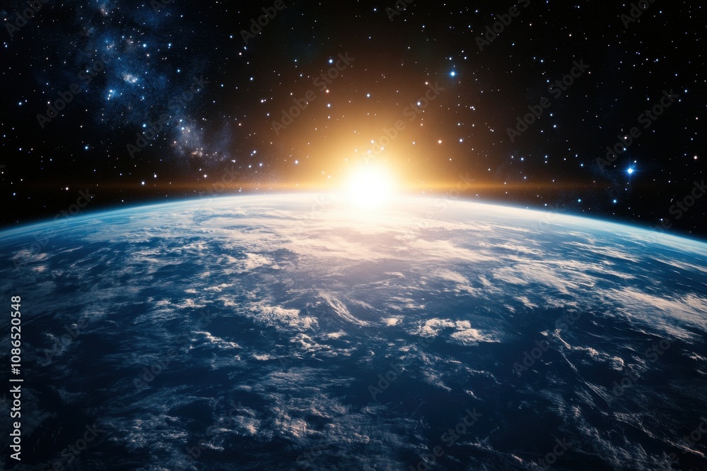 Sunrise over Earth from space with a view of the Milky Way galaxy. Sunrise over Earth from space with a view of the Milky Way galaxy.