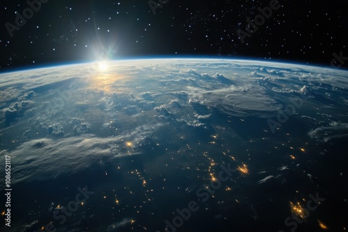 Sunrise over Earth with city lights and clouds.