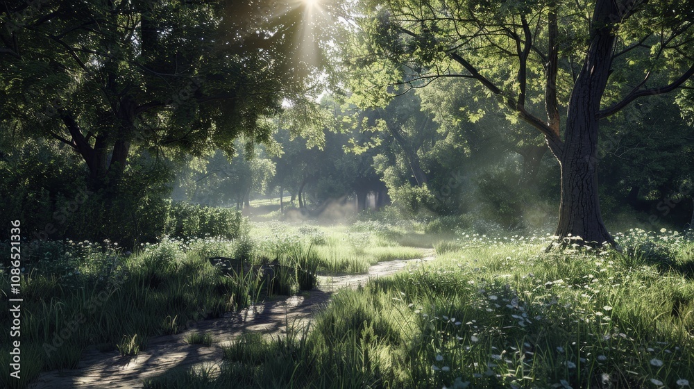 Obraz premium Serene Forest Scene with Sunlight and Greenery