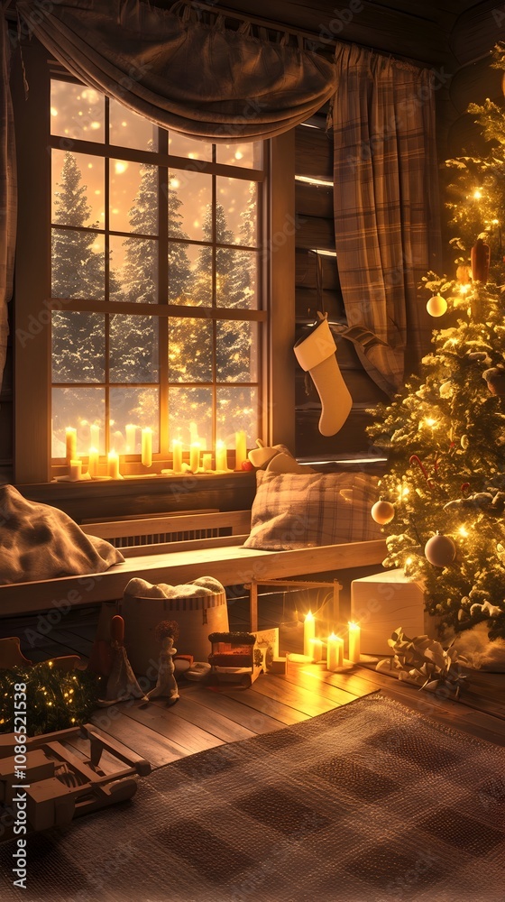 Fototapeta premium Charming Rustic Christmas Nursery with Handmade Wooden Accents and Glowing Candles