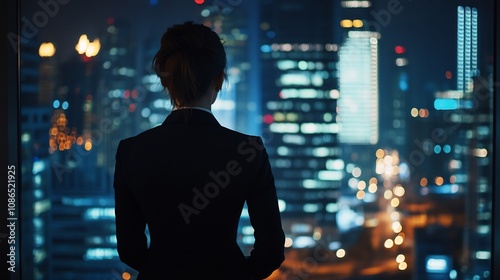 Businesswoman Gazing at Night Cityscape