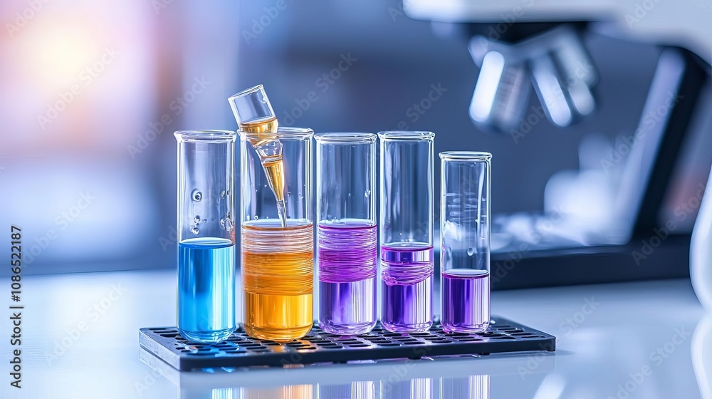 Colorful test tubes filled with liquids in a laboratory setting, showcasing various chemical reactions and experiments. Perfect for educational materials.