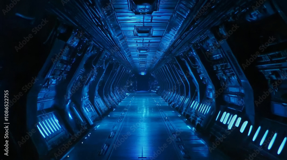 A long, empty spaceship corridor glows blue. It's a futuristic scene, rendered in 3D, showing a vast, dark hallway. A long, empty spaceship corridor glows blue. It's a futuristic scene, rendered in 3D, showing a vast, dark hallway.
