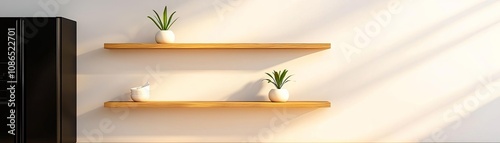 Open shelves in a contemporary kitchen, sleek black appliances, natural wood cabinetry, soft sunlight streaming in, muted yet vibrant color palette, balanced and airy atmosphere