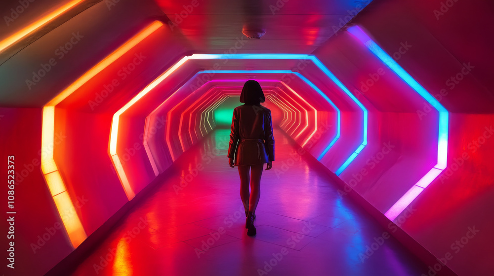 A spaceship hallway with cool LED lights and a hexagonal concrete floor. It's a 3D image. A spaceship hallway with cool LED lights and a hexagonal concrete floor. It's a 3D image.