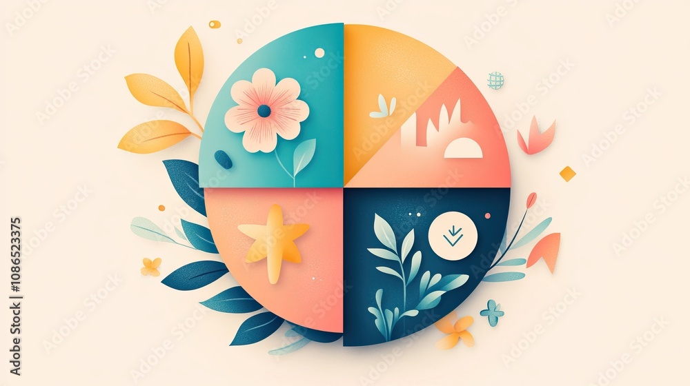 Fototapeta premium A vibrant circle is divided into four thematic sections, each highlighting different elements of nature, illustrating beauty and harmony
