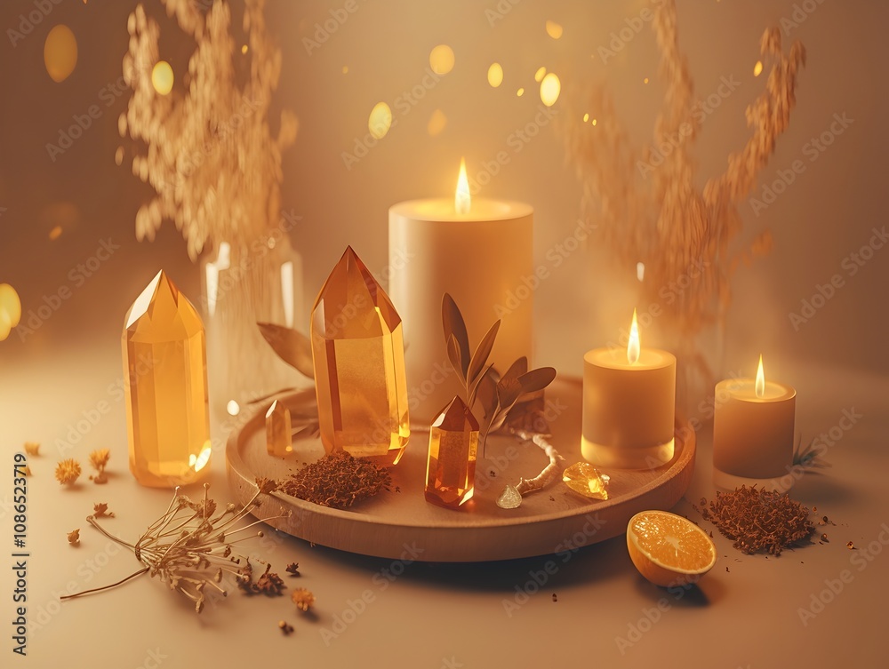 Tranquil Minimalist Spa Sanctuary with Citrine Crystals Beeswax Candles and Dried Botanicals