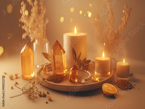 Obraz na płótnie Tranquil Minimalist Spa Sanctuary with Citrine Crystals Beeswax Candles and Dried Botanicals w salonie