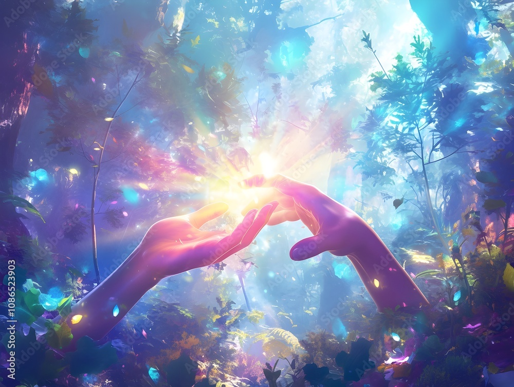 Healing Hands Emitting Colorful Spiritual Energy Field in Serene Forest Clearing