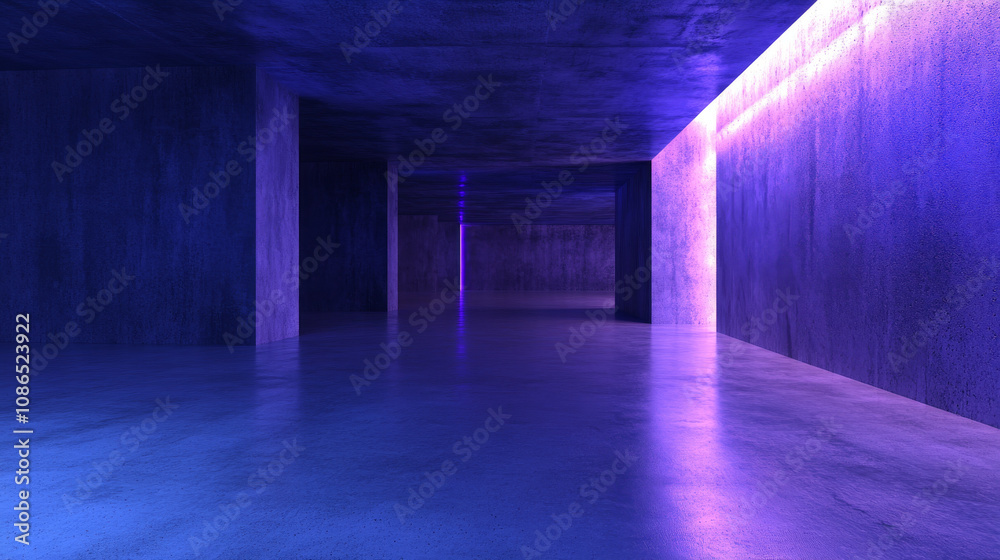 A 3D image shows a futuristic room. Blue and purple neon lights glow on a concrete floor, reflecting in the empty space. A 3D image shows a futuristic room. Blue and purple neon lights glow on a concrete floor, reflecting in the empty space.