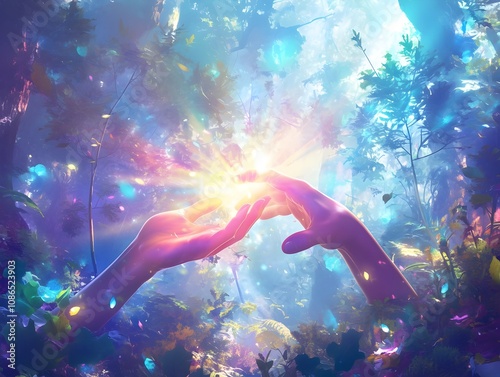 Obraz na płótnie Healing Hands Emitting Colorful Spiritual Energy Field in Serene Forest Clearing w salonie