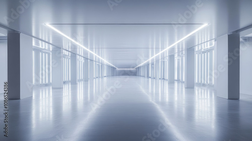 A futuristic, white, underground hall. It's large, empty, and has glowing windows. Think modern industrial garage meets alien corridor.