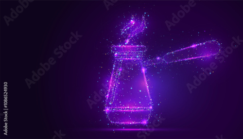 Silhouette of a Turkish coffee pot made of glowing, multicolored dots, resembling stars. The particles form the pot and steam, symbolizing tradition, warmth, and the rich aroma of coffee.