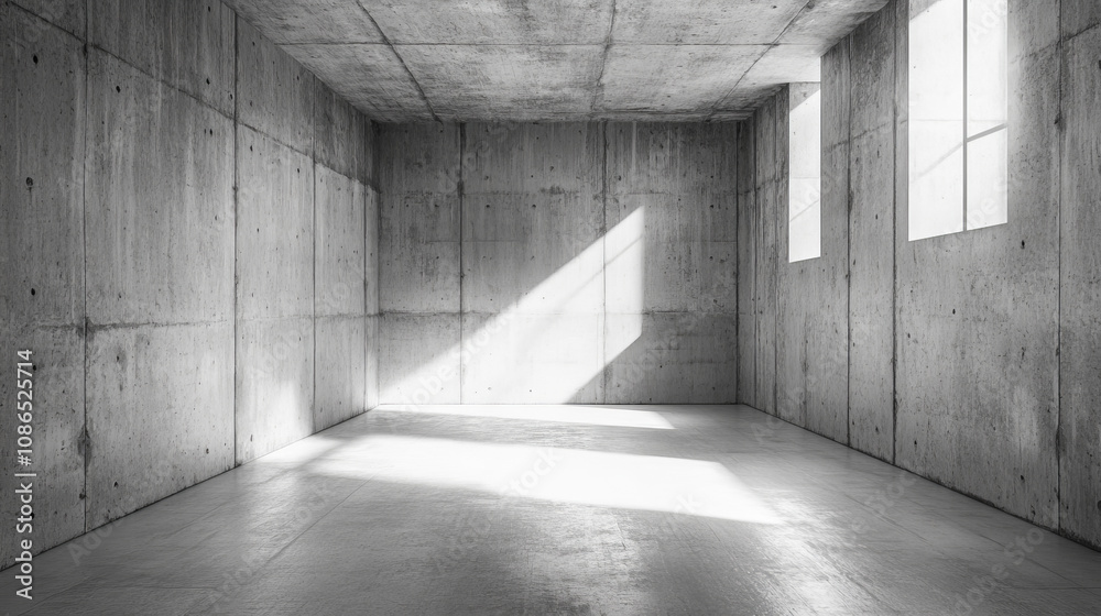 A bright, empty concrete room. The walls have streaks of light and reflections. It's a 3D image. A bright, empty concrete room. The walls have streaks of light and reflections. It's a 3D image.
