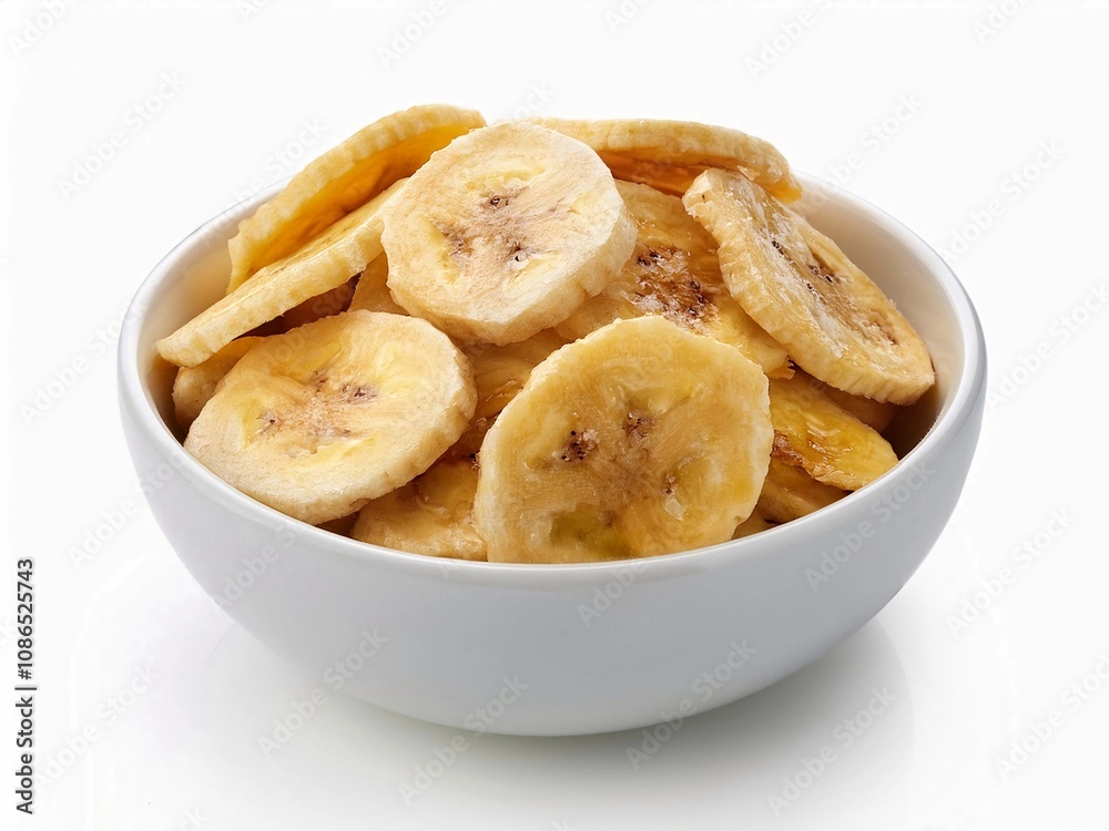 Banana chips on white bowl isolated on white background Banana chips on white bowl isolated on white background
