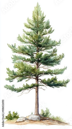 Watercolor Painting of a Western White Pine Tree on a Bright White Background for Nature and Landscape Designs Generative AI