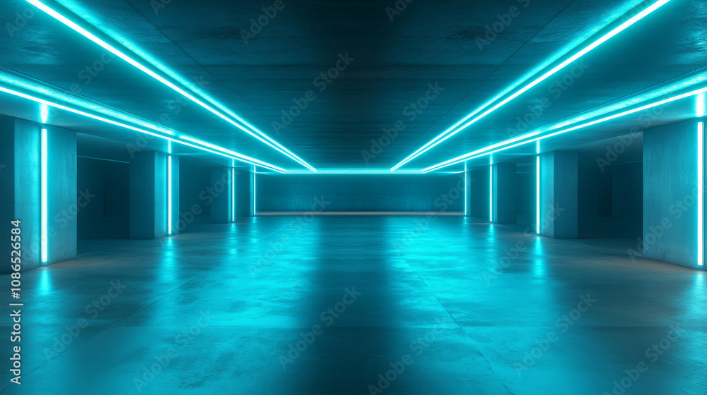 A dark, futuristic underground garage. Neon blue laser beams shine on a concrete floor in a 3D rendering. It's empty and reflective. A dark, futuristic underground garage. Neon blue laser beams shine on a concrete floor in a 3D rendering. It's empty and reflective.
