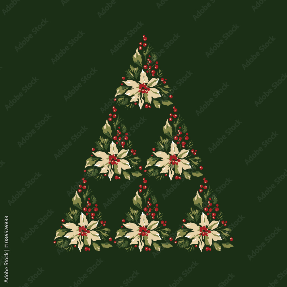 Obraz premium Series of floral christmas tree illustration in retro vintage classical style