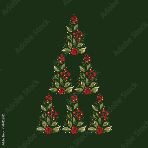 Series of floral christmas tree illustration in retro vintage classical style