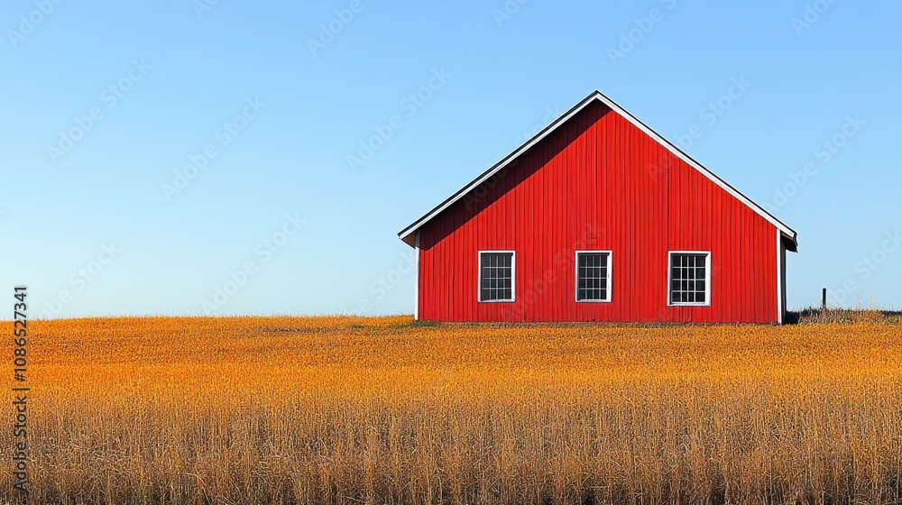 A vibrant red barn stands alone in a golden field under a clear sky. A vibrant red barn stands alone in a golden field under a clear sky.