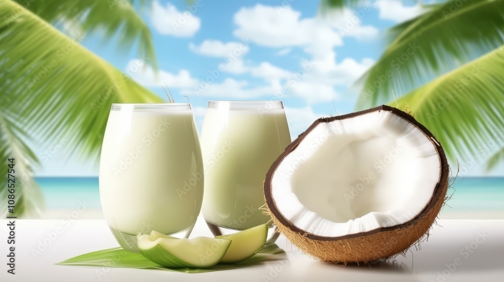 Refreshing Coconut Drinks on Tropical Beach Refreshing Coconut Drinks on Tropical Beach