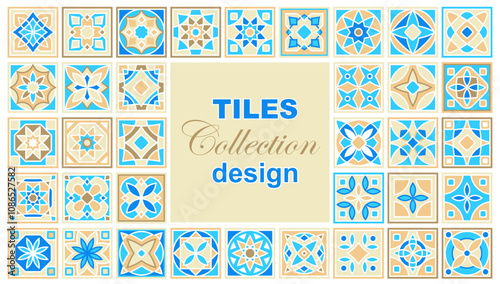 Set of vector hand drawn pattern of square ceramic tile. Ornate patchwork pattern design. Typical Mediterranean floor and wall tiles in different patterns in blue, brown yellow and white color