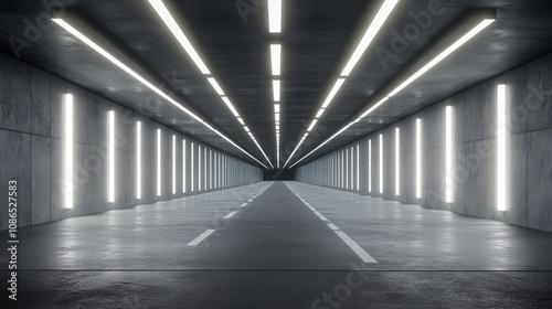 A realistic 3D image shows an empty, dark tunnel. It's made of concrete and metal, with white lights.