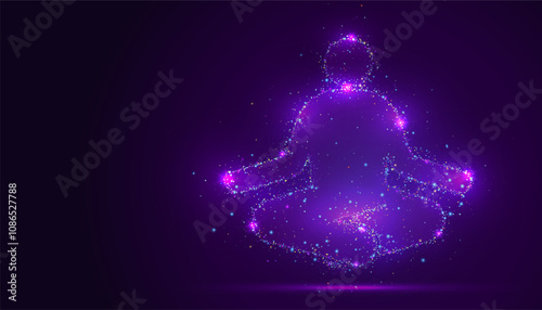 Silhouette of a person in a yoga pose made of glowing, multicolored dots, resembling stars. The particles form the serene figure, symbolizing balance, mindfulness, and the cosmic flow of energy.