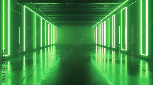 A sleek, modern room with glowing green neon lights. The rectangular lights shine in an empty metal grid, creating a futuristic, dark club vibe.