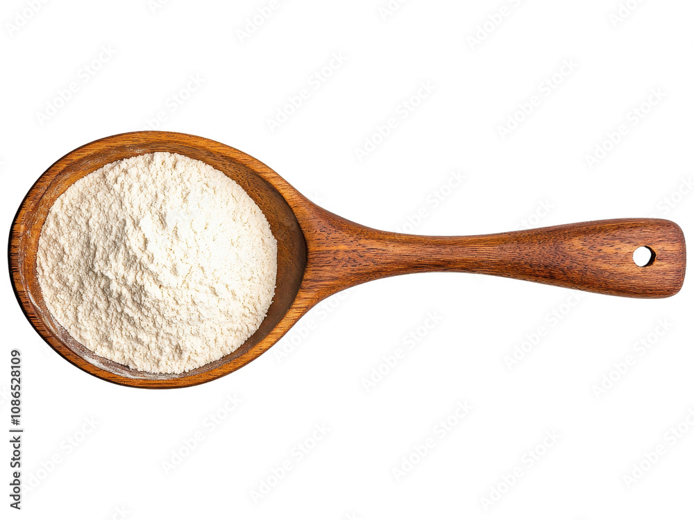Flour in Wooden Spoon on White Background Flour in Wooden Spoon on White Background