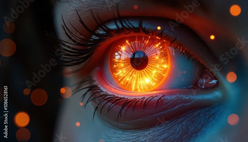 cybernetic human eye with glowing orange pattern around iris