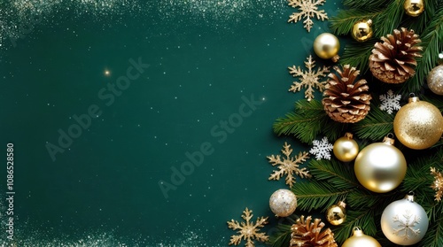 A festive background with luxurious emerald-green canvas adorned with sparkling golden Christmas decorations photo