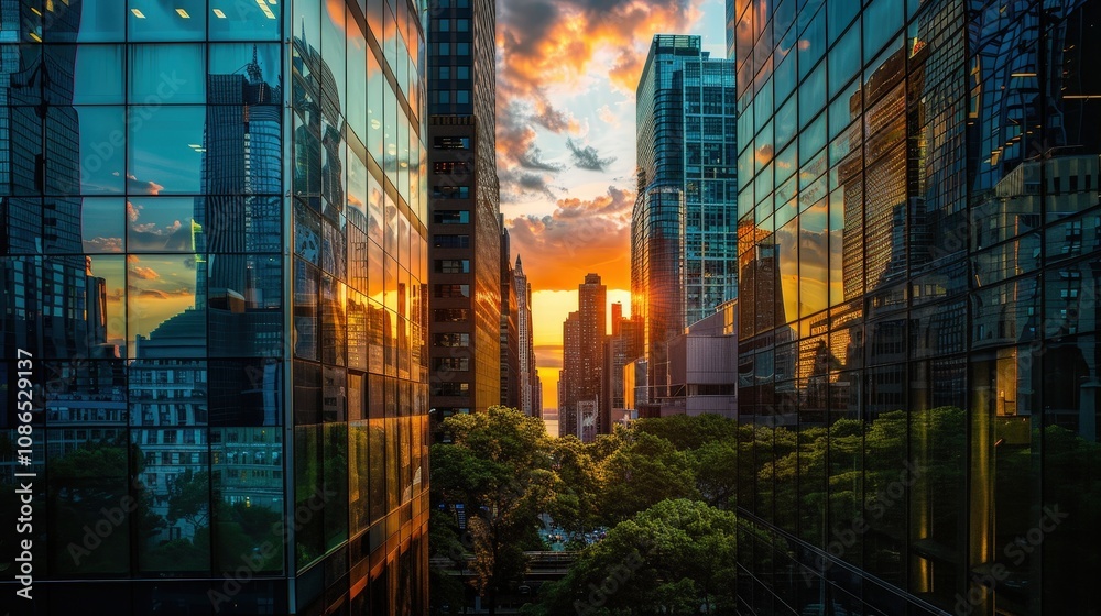 Urban Sunset Reflected in Glass Buildings Urban Sunset Reflected in Glass Buildings
