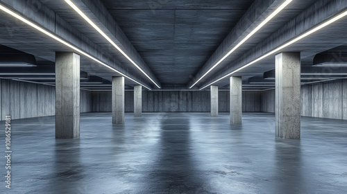 A futuristic underground garage, rendered in 3D. It's a large, warehouse-like space with concrete walls and laser lighting.