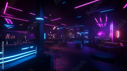 A dark, empty room with glowing purple and blue neon lights. It's a futuristic, sci-fi club scene, shown in a 3D rendering.