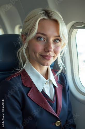 A woman in a flight attendant uniform sits and smiles.