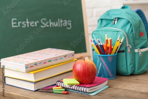 Erster Schultag – Schulutensilien und Bücher mit Apfel photo