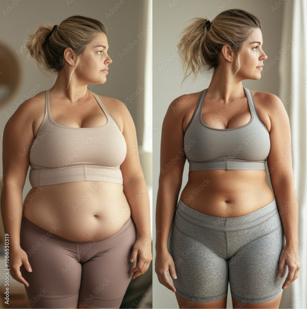 before-and-after fitness transformation of a woman in her mid-30s, wearing casual workout clothes in a clean, well-lit home setting. The 'before' image shows a slightly overweight body before-and-after fitness transformation of a woman in her mid-30s, wearing casual workout clothes in a clean, well-lit home setting. The 'before' image shows a slightly overweight body