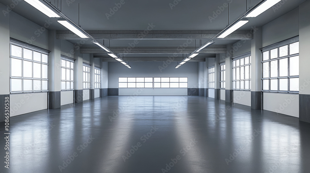 A long, dark, empty garage is shown. It's a 3D rendering with white windows letting in light, and a concrete floor. A long, dark, empty garage is shown. It's a 3D rendering with white windows letting in light, and a concrete floor.