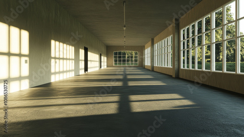 A long, dark, empty garage is shown. It's a 3D rendering with white windows letting in light, and a concrete floor.