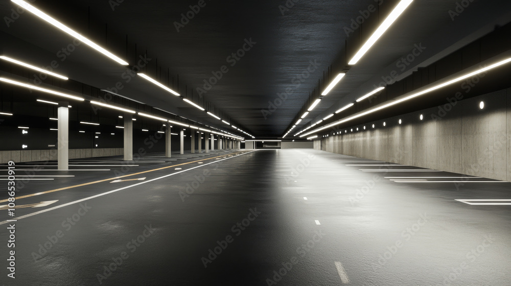 A sleek, modern parking garage. Dark, reflective concrete walls are lit by bright white lights. The image is a 3D rendering. A sleek, modern parking garage. Dark, reflective concrete walls are lit by bright white lights. The image is a 3D rendering.