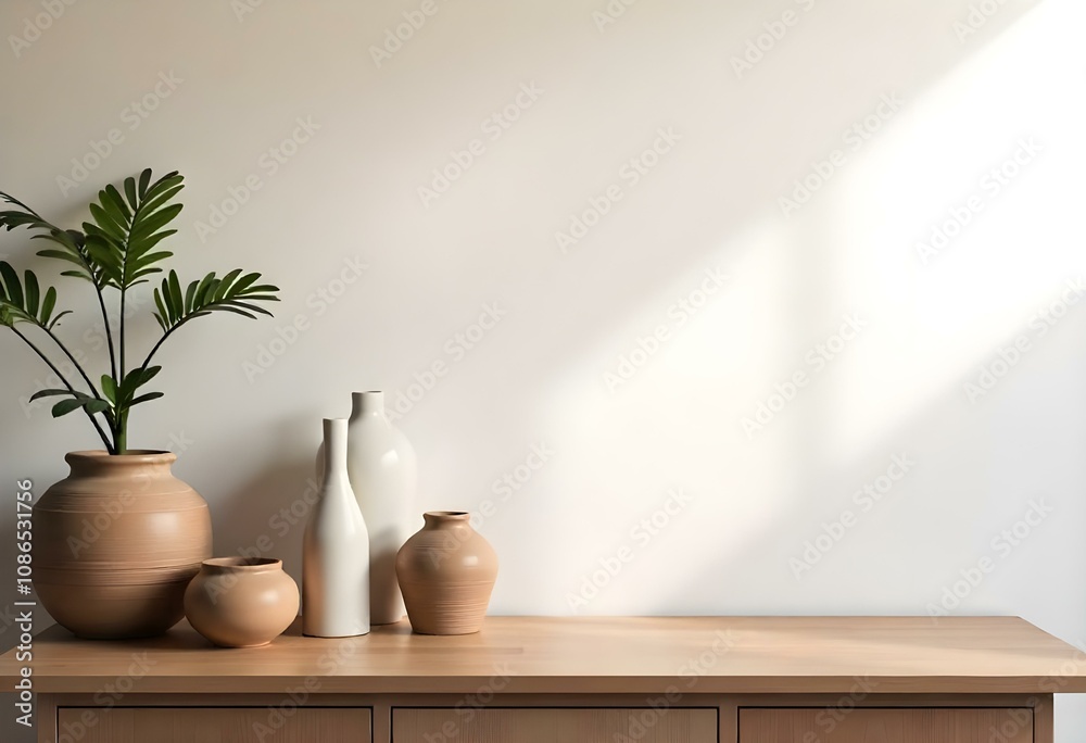 A wooden table with a potted plant, ceramic vases, and other decorative items against a white wall with natural light streaming A wooden table with a potted plant, ceramic vases, and other decorative items against a white wall with natural light streaming