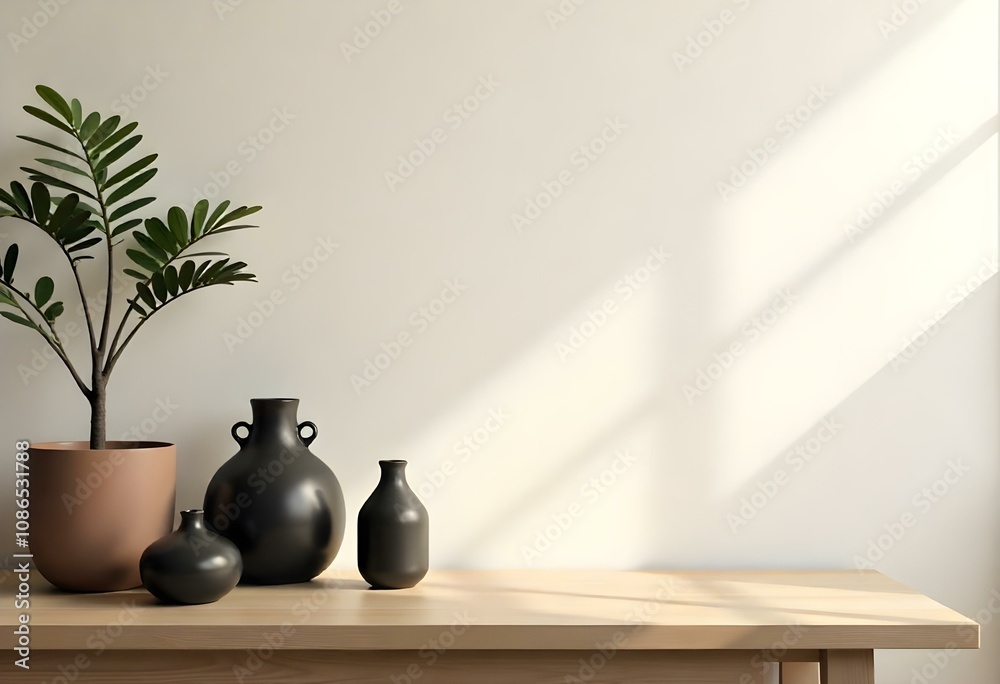 A wooden table with a potted plant, ceramic vases, and other decorative items against a white wall with natural light streaming A wooden table with a potted plant, ceramic vases, and other decorative items against a white wall with natural light streaming