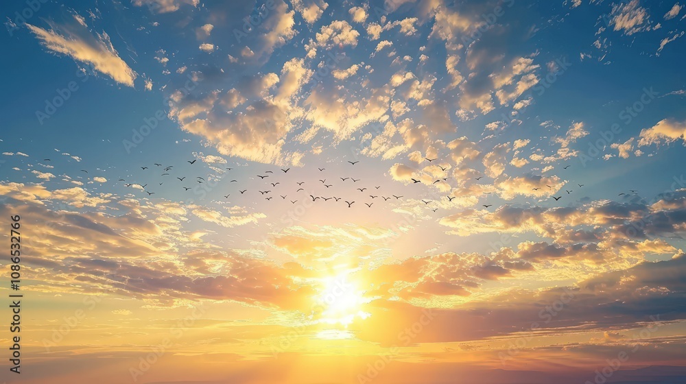 Fototapeta premium Serene Sunrise with Birds Flying in the Sky
